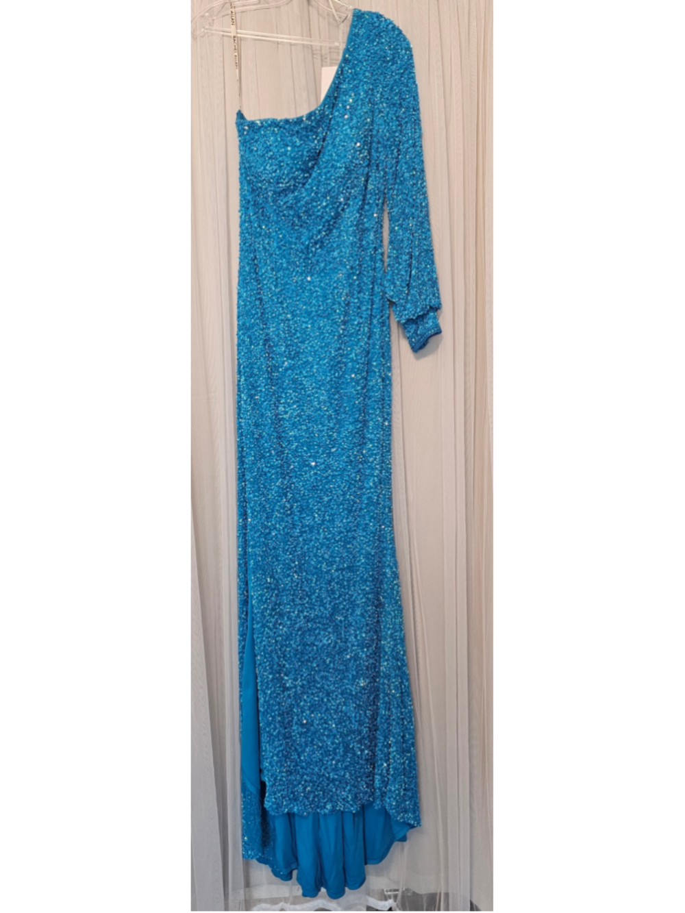 Rachel Allan 70134 One Shoulder Long Sleeve Sequin Dress, Ocean Blue, Size 14
